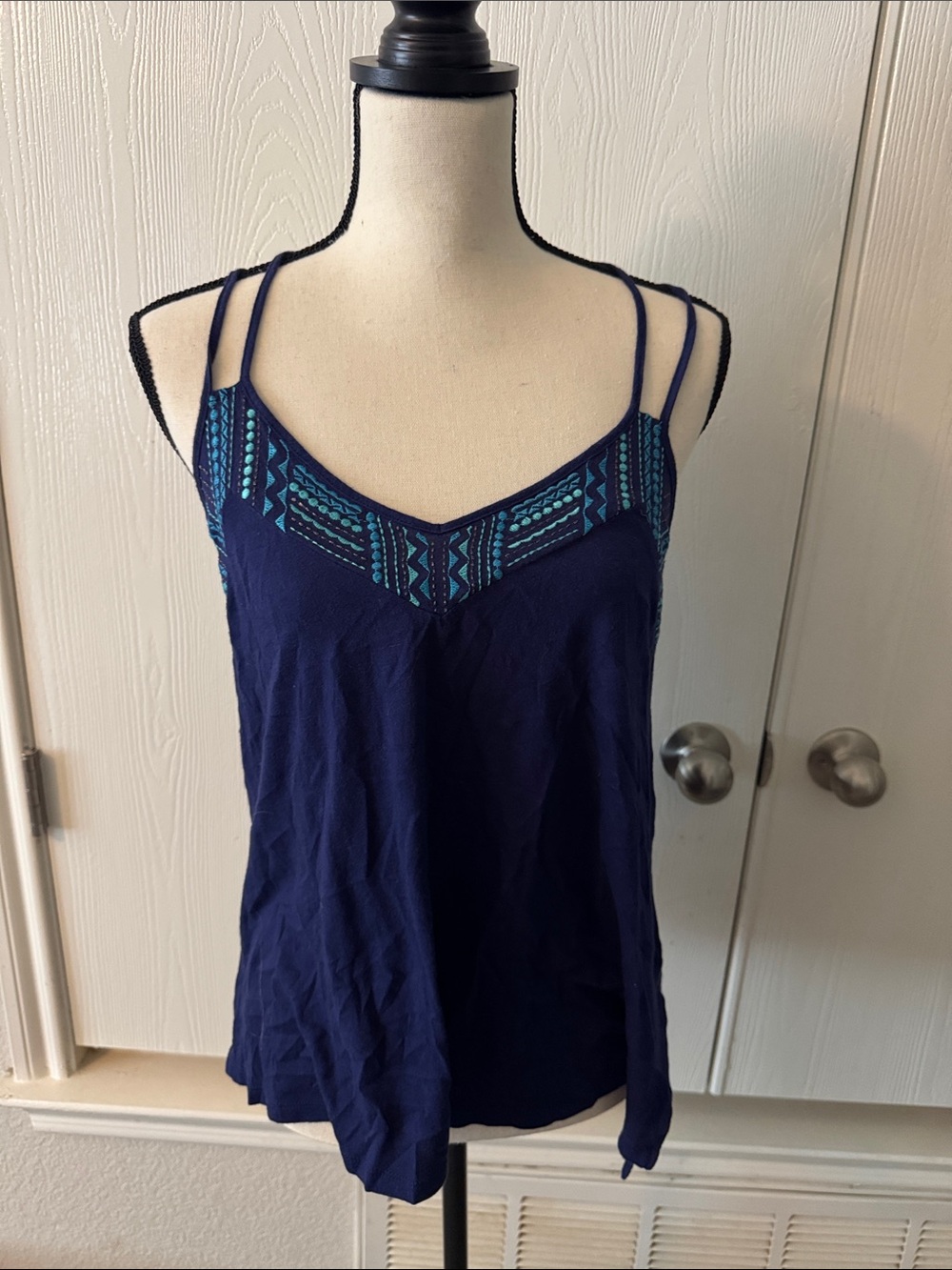Express Navy Blue Double-Strap Camisole with Teal Embroidery